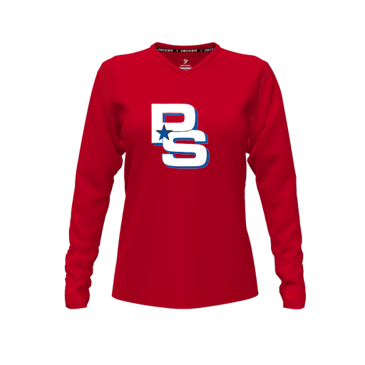[CUS-DFW-TEES-CMF-VNK-LSL-RED-FYXS-LOGO2] Comfort T-Shirt (Female Youth XS, Red, V Neck, Logo 2, Long Sleeve)